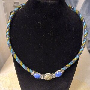 Tonal Braided Leather 3-Stone Gemstone & SS Necklace